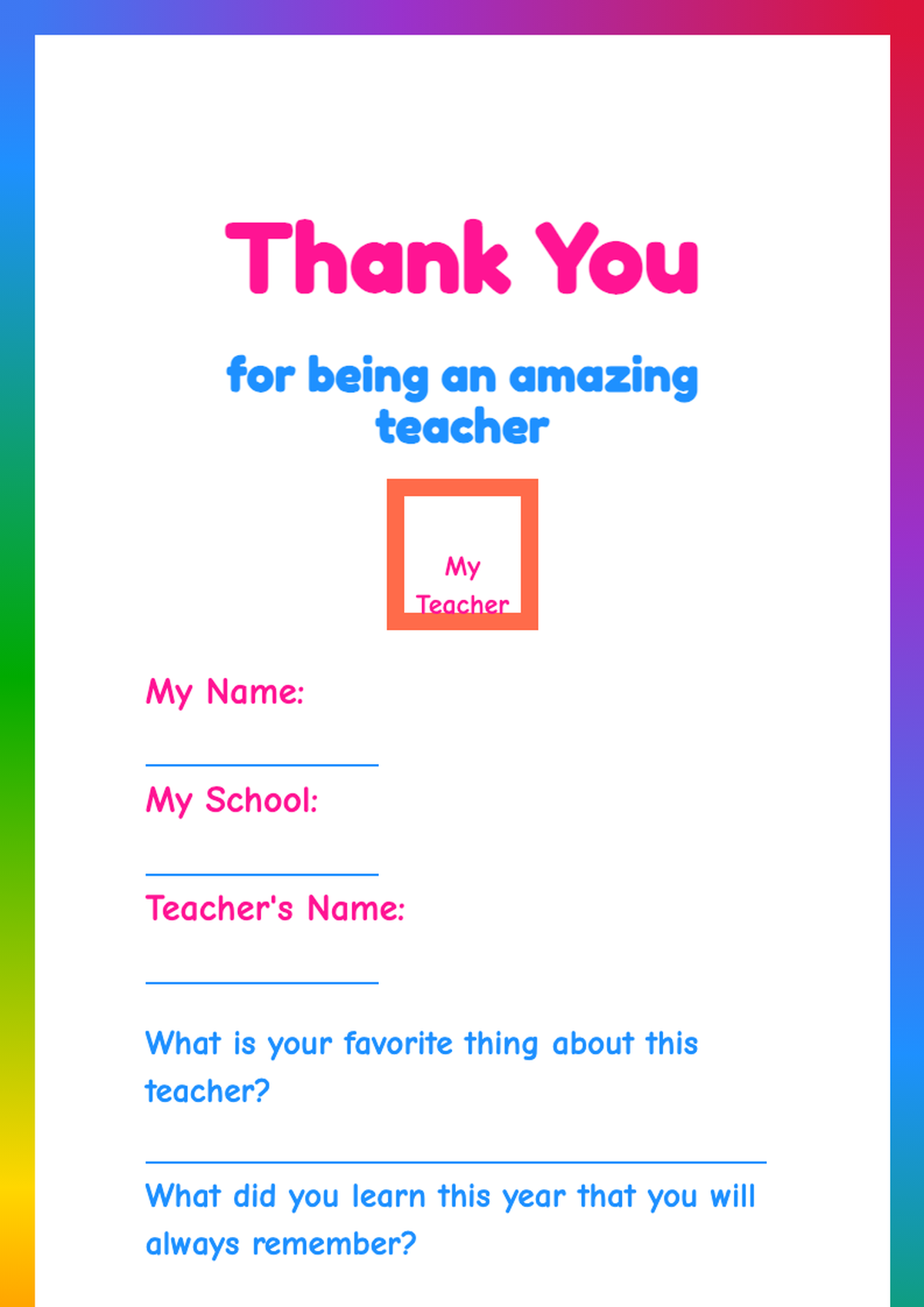 Colorful student thank you note for teacher with fill in blanks_variant_2